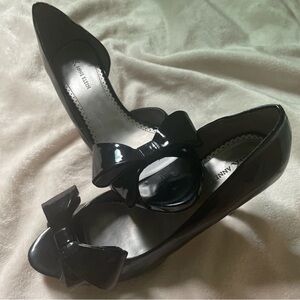Anne Klein Black Patent Peep-Toe Bow Pumps